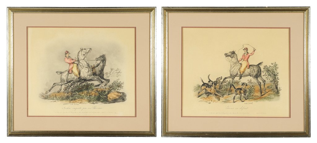 ANTOINE CHARLES HORACE VERNET (AKA CARLE VERNET): ANTOINE CHARLES HORACE VERNET (AKA CARLE VERNET) (French, 1758-1836) Two equestrian Scenes Jockai Emporté par son Chevaux Chien en Défaut Hand colored engravings Printed Chez Dazet et Chez Aumont, P