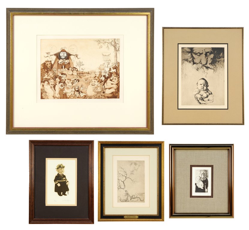 CHARLES BRAGG, (American, born 1931), A group of five: CHARLES BRAGG (American, born 1931) A group of five framed works on paper Etchings The Garden l 19/50 12 x 15¾ inches The Sixth Day VIII/LXXV 12 ½ X 8¾ inches The General 74/300 9½ X 6 inches In t