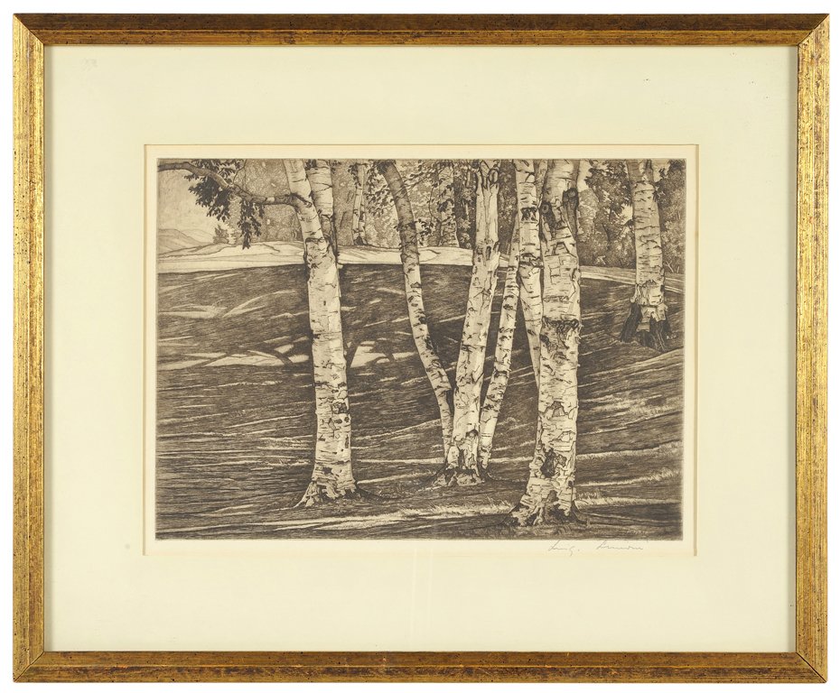 LUIGI LUCIONI: LUIGI LUCIONI (Italian/American, born 1900) The Birch Grove Sepia and white etching Signed lower right and in plate 8¾ x 12 inches