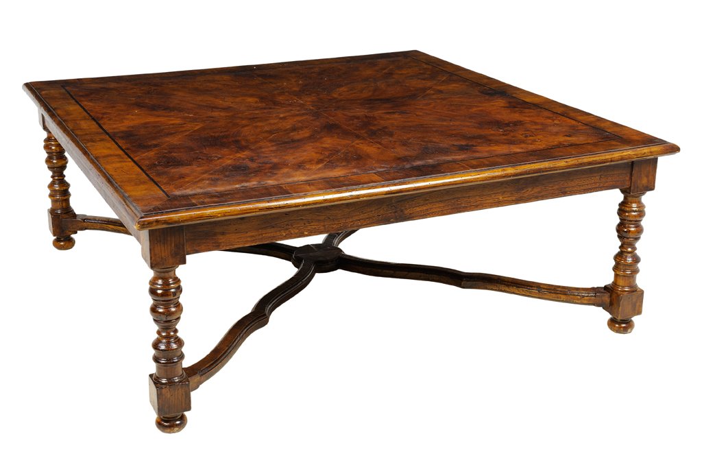 A WILLIAM AND MARY STYLE BURR WALNUT LOW TABLE: A WILLIAM AND MARY STYLE BURR WALNUT LOW TABLE Having a square top above the plain frieze, raised on turned legs, joined by an X-form stretcher ending in squat ball feet. 18¼ x 47 x 47 inches.