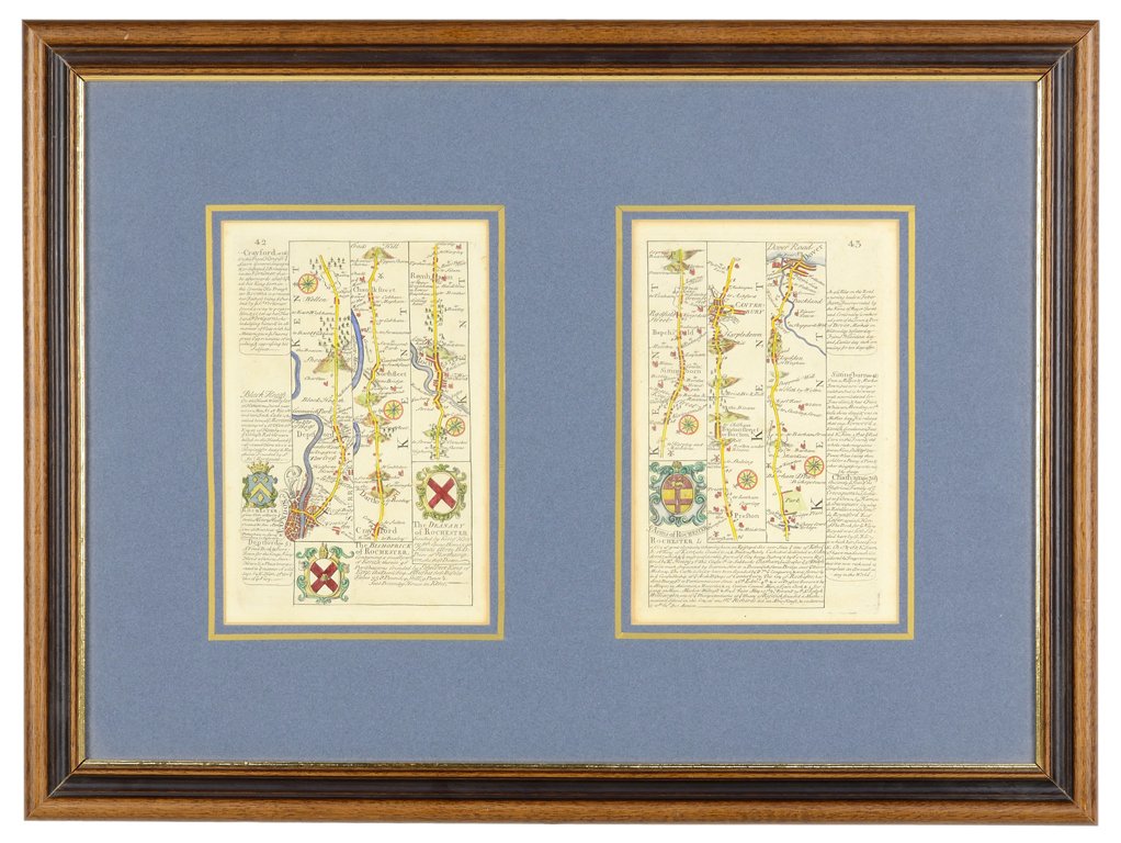 A PAIR OF HAND COLORED COPPER PLATE ENGRAVINGS OF: A PAIR OF HAND COLORED COPPER PLATE ENGRAVINGS OF EMMANUEL BOWEN & JOHN OWENS' "THE ROAD FROM LONDON TO DOVER IN KENT" The maps originally appearing in "Brittanica Depicta" by Emmanuel Bowen and John
