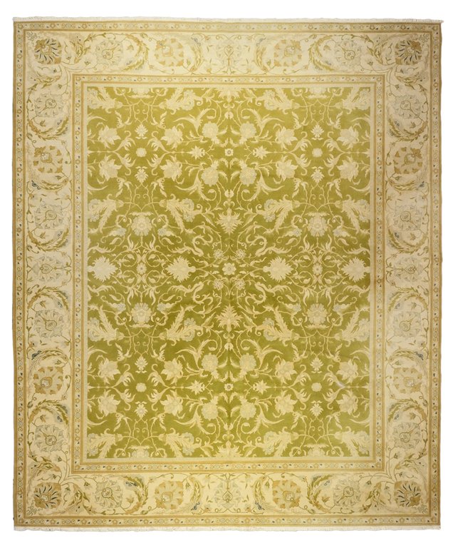 A HAND WOVEN INDIA OUSHAK SAGE AND CREME CARPET India,: A HAND WOVEN INDIA OUSHAK SAGE AND CREME CARPET India, 20th Century All over pattern design, Oushak design. Light mossy green color background, antique beige color border. Wool pile on cotton foundati
