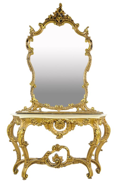 A ROCOCO REVIVAL GILTWOOD CONSOLE TABLE AND MIRROR: A ROCOCO REVIVAL GILTWOOD CONSOLE TABLE AND MIRROR The mirror and console table with undulating carved and pierced scrollwork with floral highlights, serpentine shaped marble top to console. 82¼ x 50