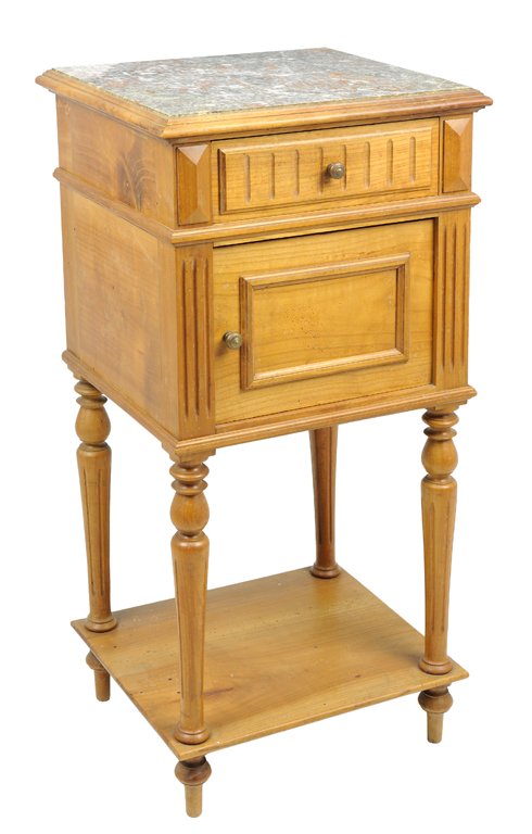 A FRENCH LOUIS PHILIPPE STYLE BEDSIDE CABINET: A FRENCH LOUIS PHILIPPE STYLE BEDSIDE CABINET The cabinet with single drawer over a paneled door, inset marble top, raised on tapering legs, joined by a medial shelf, ending in toupie feet. 32¼ x 16�