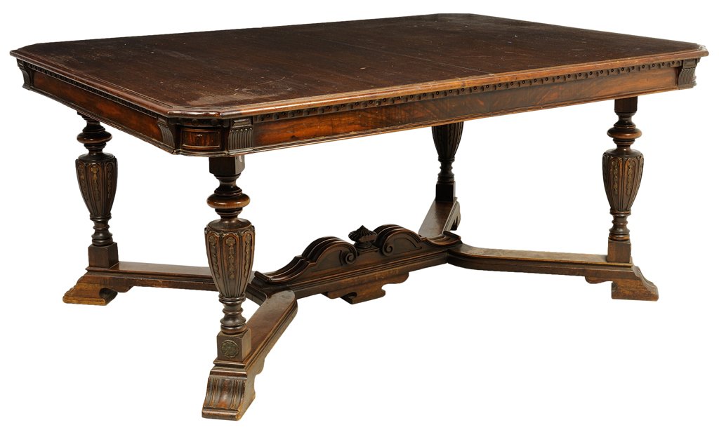 AN AMERICAN VAN BLERKOM FURNITURE CO. MAHOGANY DINING: AN AMERICAN VAN BLERKOM FURNITURE CO. MAHOGANY DINING TABLE The table having a rectangular top with canted corners, raised on reeded baluster form legs, joined by an X-form stretcher centered with an