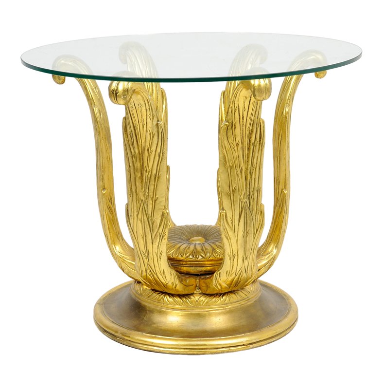 A FRENCH NEOCLASSICAL STYLE GILTWOOD OCCASIONAL TABLE: A FRENCH NEOCLASSICAL STYLE GILTWOOD OCCASIONAL TABLE The circular glass top raised on quadripartite acanthus form supports, further set on a circular base. 31½ x 38 x 38 inches