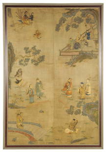 A CHINESE EMBROIDERY AND GOUACHE WATERCOLOR ON SILK: A CHINESE EMBROIDERY AND GOUACHE WATERCOLOR ON SILK PANEL The framed silk panel in gouache watercolor and embroidery depicting a mythological scene, the goddess Xi Wangmu seated on a phoenix at upper