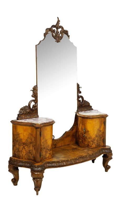 A VENETIAN ROCOCO STYLE BURLED WALNUT DRESSING TABLE: A VENETIAN ROCOCO STYLE BURLED WALNUT DRESSING TABLE AND MIRROR Having a vertical shaped rectangular mirror plate, with pierce carved crest and mounts, flanked by two cabinets with inset marble tops, 