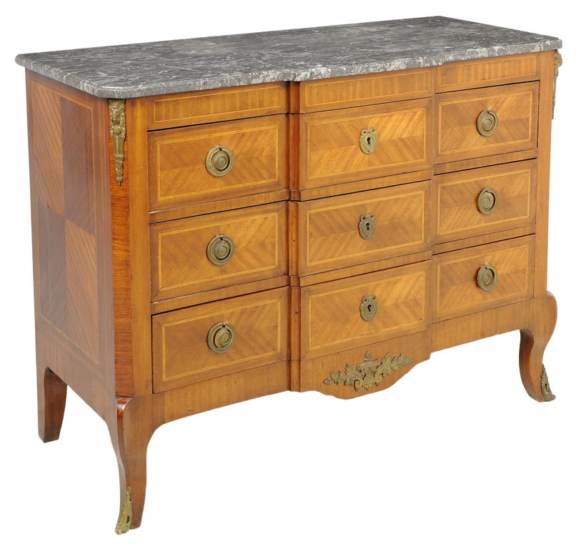 A FRENCH LOUIS XV/TRANSITIONAL STYLE MAHOGANY AND: A FRENCH LOUIS XV/TRANSITIONAL STYLE MAHOGANY AND SATINWOOD COMMODE 20th Century The commode having three long drawers, parquetry inlay, ram mask gilt metal mounts at corners, ribbon-tied escutcheons,