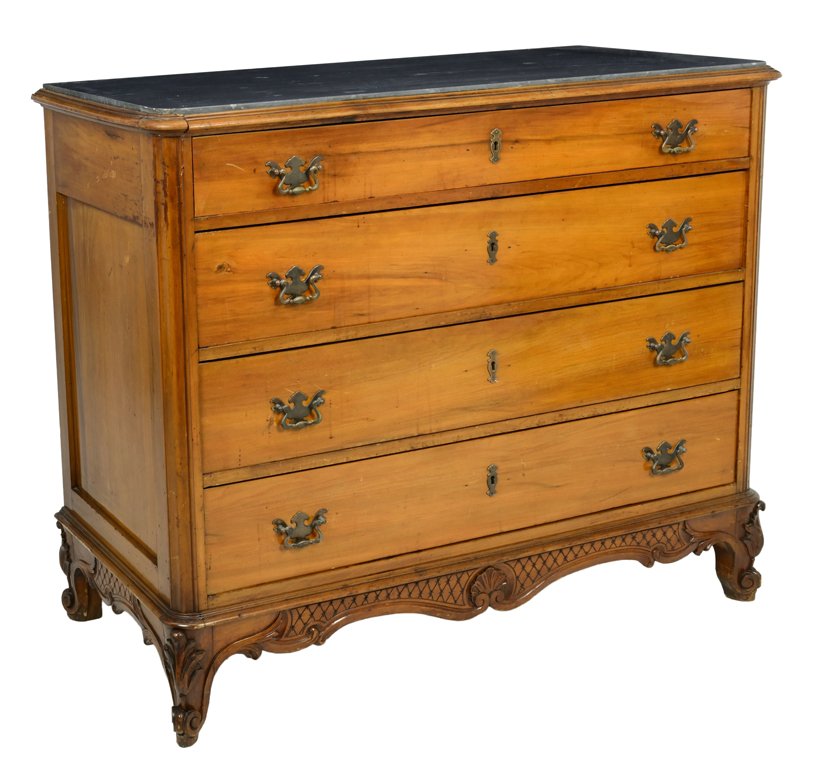 A FRENCH LOUIS XV STYLE WALNUT COMMODE AND FRAME: A FRENCH LOUIS XV STYLE WALNUT COMMODE AND FRAME The four drawer commode with period hardware, serpentine apron with carved shell and lattice decoration raised on cabriole legs, with black marble top.