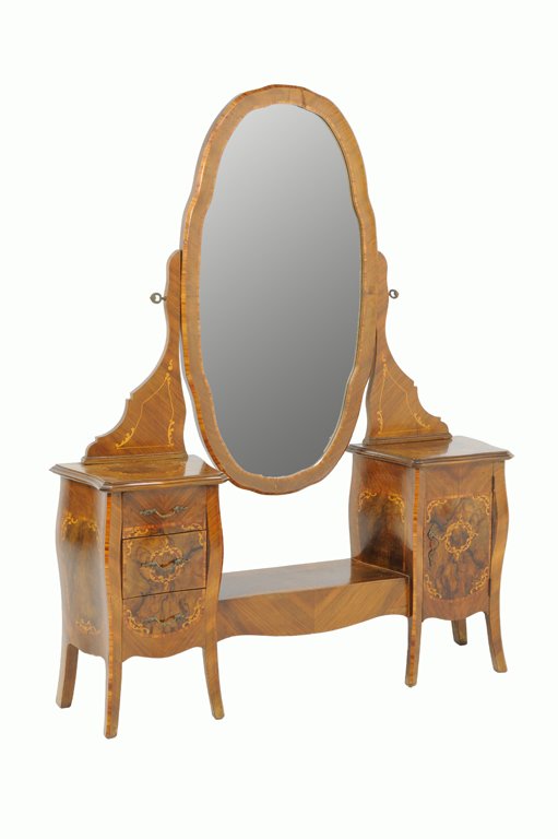 A FRENCH LOUIS XV STYLE DRESSING TABLE AND MIRROR: A FRENCH LOUIS XV STYLE DRESSING TABLE AND MIRROR The marquetry inlaid table having two pedestal cabinets, each with three drawers, centered with a lower shelf surmounted with an oval mirror plate, th