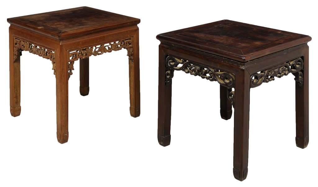 A NEAR PAIR OF ASIAN CARVED OAK SIDE TABLES: A NEAR PAIR OF ASIAN CARVED OAK SIDE TABLES Each side table having a rectangular top over the pierce carved leaf and berry frieze, raised on square legs. 20½ x 19¾ x 19¾ inches.