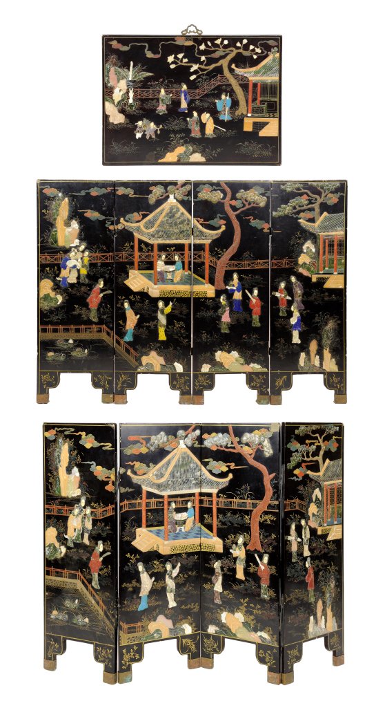 A SET OF THREE CHINESE COROMANDEL ITEMS: A SET OF THREE CHINESE COROMANDEL ITEMS The set comprising two four-panel table screens set with hardstone and ivory figural scenes and an associated single panel wall hanging. 24¾ x 19 x 13½ inches