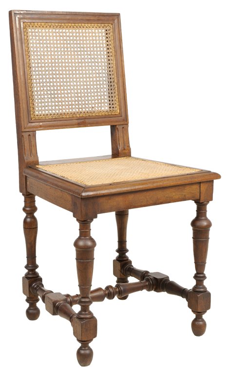 A RENAISSANCE REVIVAL SIDE CHAIR: A RENAISSANCE REVIVAL SIDE CHAIR The chair having a straight crest rail over the caned back and seat, raised on tapering legs, joined by H-form stretcher ending in spade feet. 35½ x 17½ x 18 inches.