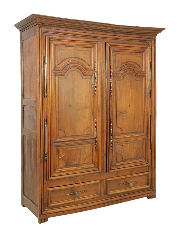 A FRENCH LOUIS LOUIS PHILIPPE STYLE ARMOIRE: A FRENCH LOUIS LOUIS PHILIPPE STYLE ARMOIRE The armoire fitted with two coffer paneled doors, surmounted with a flared cornice, two drawers to base, raised on square feet. 86 x 69¾ x 27 inches.