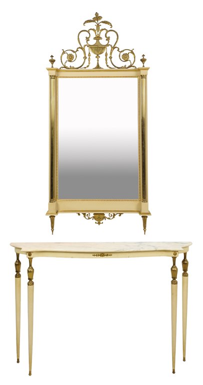 AN ADAM STYLE PAINTED CONSOLE TABLE AND MIRROR: AN ADAM STYLE PAINTED CONSOLE TABLE AND MIRROR The table having a shaped rectangular marble top over a straight frieze with gilt metal floral decoration, raised on cylindrical tapering legs, surmounte