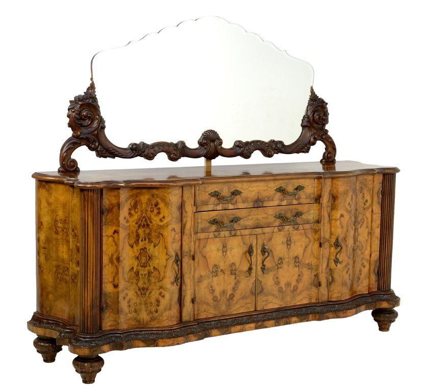 A VENETIAN BAROQUE STYLE BURLWOOD CABINET WITH MIRROR: A VENETIAN BAROQUE STYLE BURLWOOD CABINET WITH MIRROR The table having a serpentine top over two short drawers above two paneled doors, flanked by engaged fluted columns over the shaped carved apron, 