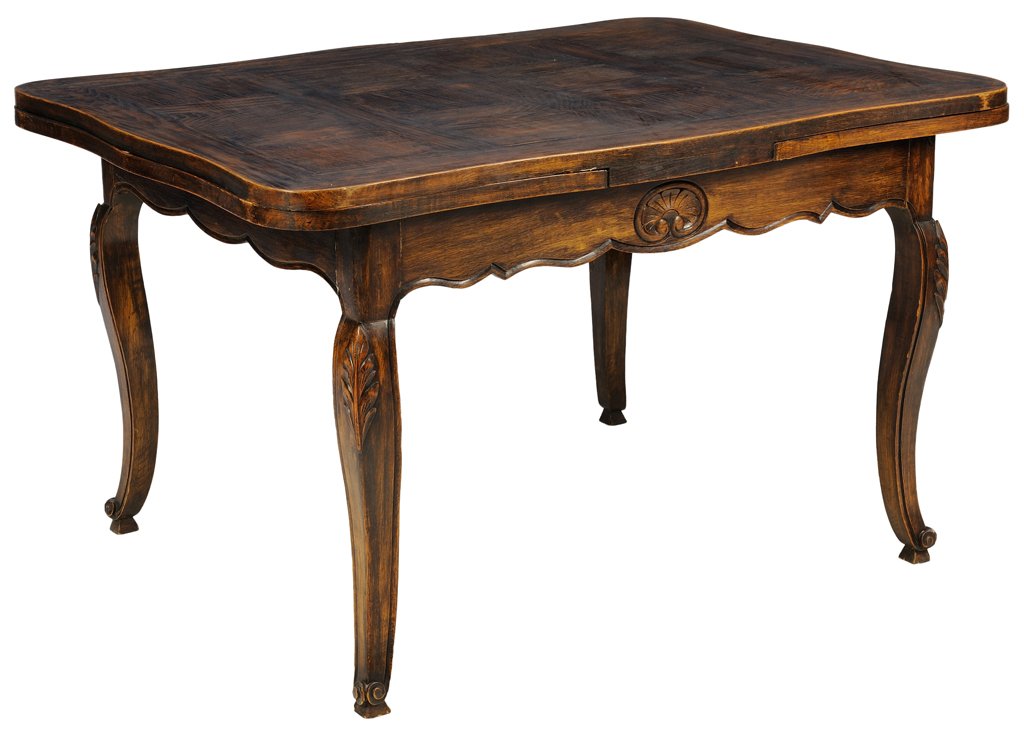 A FRENCH PROVINCIAL STYLE EXTENSION DINING TABLE: A FRENCH PROVINCIAL STYLE EXTENSION DINING TABLE The table having a shaped rectangular top over two D-shaped leaves, above a shaped apron centered with a carved shell, raised on cabriole legs with aca