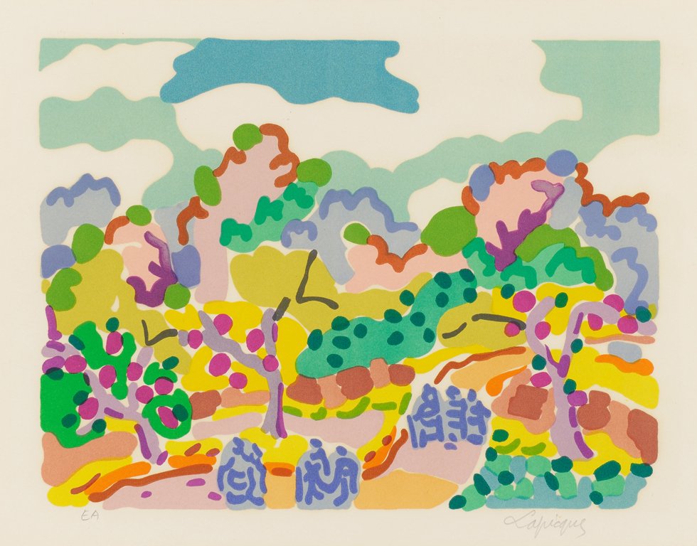 CHARLES LAPICQUE, (French, 1898-1988), La Route: CHARLES LAPICQUE (French, 1898-1988) La Route Mandarine, 1961 Lithograph ed. e. a. Signed lower right Balanci Ctalogue Rais #169 H 12 x W 15½ inches