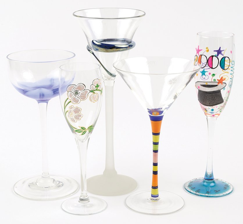 A COLLECTION OF PAINTED GLASS BARWARE 36 pieces total.: A COLLECTION OF PAINTED GLASS BARWARE A large group of barware including six frosted glass stems with clear bells and applied rings of colored molten glass, fourteen floral painted champagne flutes, e