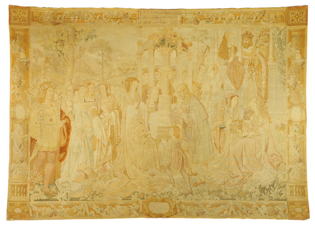 A FRENCH HAND WOVEN TAPESTRY: A FRENCH HAND WOVEN TAPESTRY The wool tapestry depicting the return of Christopher Columbus, his audience before King Ferdinand II of Aragon and Queen Isabella I of Castile. 8ft 2in x 5ft 10in