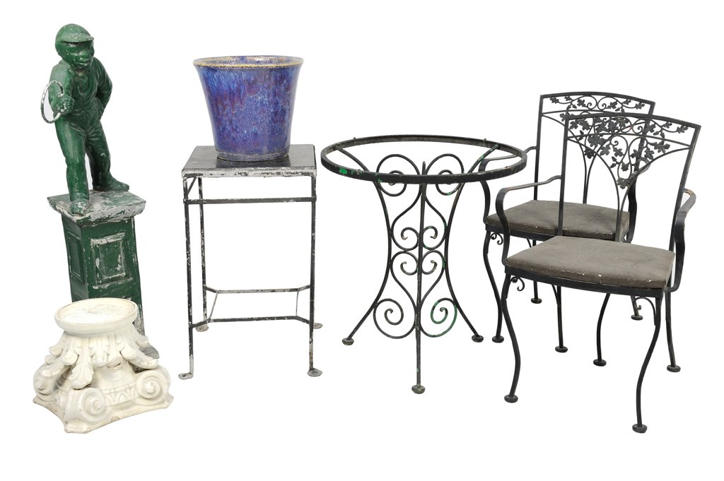 A COLLECTION OF PATIO AND GARDEN ITEMS Seven pieces: A COLLECTION OF PATIO AND GARDEN ITEMS The collection comprising a Corinthian column architectural element, two metal garden tables, a pair of garden chairs with foliate motif backsplat, a flambe-glaz