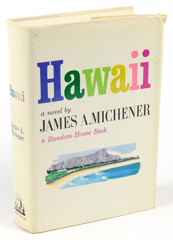 A JAMES MICHENER "HAWAII" SIGNED FIRST EDITION: A JAMES MICHENER "HAWAII" SIGNED FIRST EDITION Author's signature on plate at the second blank page. 9¾ x 6 x 1¾ inches. Provenance: Property from the Estate of Maxine and Emil Mesinger