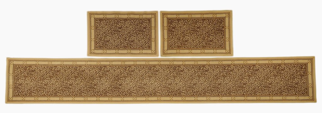 A SET OF THREE LEOPARD PRINT RUGS: A SET OF THREE LEOPARD PRINT RUGS American, 20th Century Custom made pieces having a leopard print design. Comprising two mats and one runner. 18ft 5in x 2ft 10in; 4ft 5in x 2ft 11in