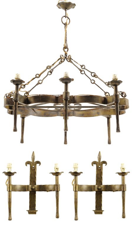 A GOTHIC REVIVAL SIX-LIGHT HANGING FIXTURE AND WALL: A GOTHIC REVIVAL SIX-LIGHT HANGING FIXTURE AND WALL SCONCES The hanging fixture having a lobed body issuing the cylindrical candle arms suspended from chains. The pair of wall sconces each having a re