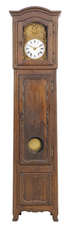 A FRENCH PROVINCIAL STYLE TALL CASE CLOCK: A FRENCH PROVINCIAL STYLE TALL CASE CLOCK The clock with domed crest over circular enameled dial with Roman numeral hours, set within a pressed gilt metal repousse crown depicting a man plowing a fiel