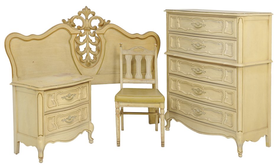 A FRENCH LOUIS XV STYLE PAINTED BEDROOM SET: A FRENCH LOUIS XV STYLE PAINTED BEDROOM SET The bedroom set comprising a tall chest of drawers, a bedside cabinet, a headboard and a chair. Each having a rustic painted finished with parcel gilt highl