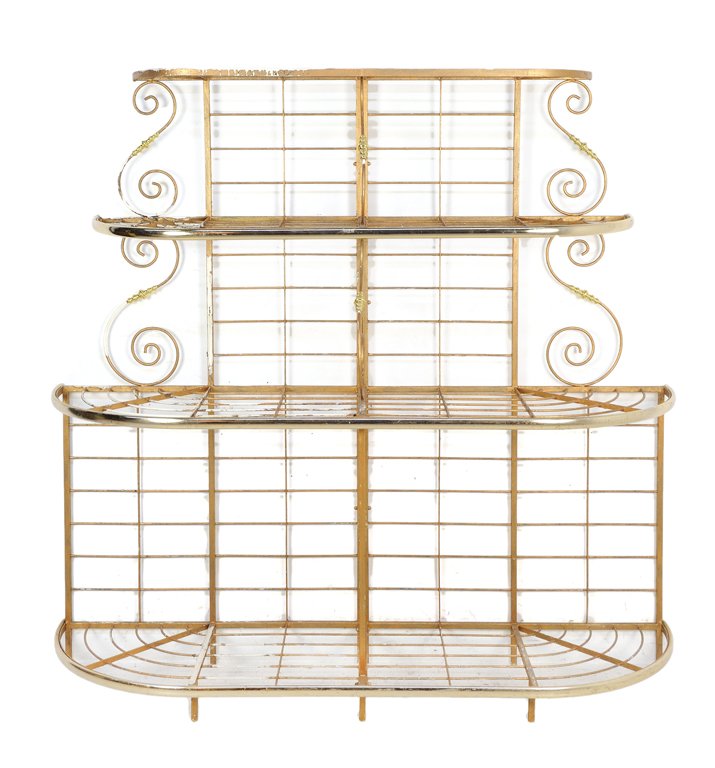 A FRENCH BRASS AND STEEL BAKER'S RACK: A FRENCH BRASS AND STEEL BAKER'S RACK The baker's rack having four tiers, the upper tiers flanked by S-scrolls. H 68 x W 70 x D 18 inches.