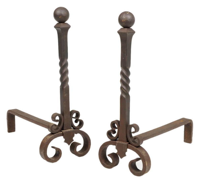 A PAIR OF ANDIRONS: A PAIR OF ANDIRONS Each having a ball finial surmounting a central standard with twist and raised on a bracket-form rear support and frontal curved legs. H 21 x W 7¾ x D 17¾ inches.