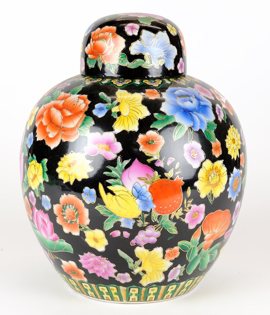 A CHINESE PORCELAIN GINGER JAR: A CHINESE PORCELAIN GINGER JAR The famille noire style ginger jar with millefleur decoration throughout. H 12½ x Diam 10 inches.