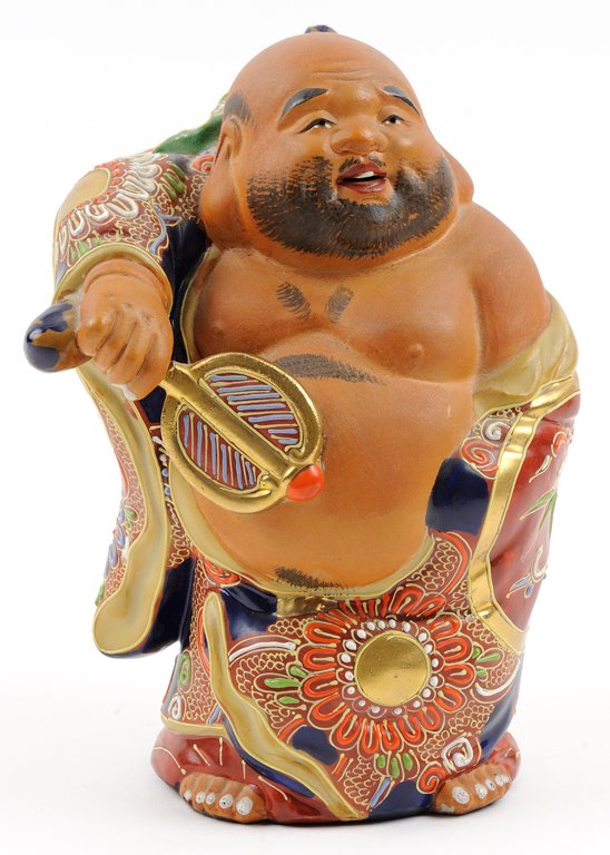 A JAPANESE SATSUMA FIGURE OF HOTEI: A JAPANESE SATSUMA FIGURE OF HOTEI Late Meiji-Early Taisho Period The Japanese Satsuma earthenware figure of Hotei with painted details and heavy moriage enamel, impressed mark to base. H 7½ x W 5¼