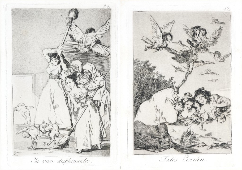 AFTER FRANCISCO JOSE DE GOYA Y LUCIENTES, (Spanish,: AFTER FRANCISCO JOSE DE GOYA Y LUCIENTES (Spanish, 1746-1828) Todos Caeran Ya van desplumados Two etchings from "Los Caprichos," 5th Edition (1881-1886) 7½ x 5 inches
