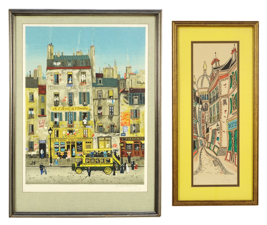 VARIOUS ARTISTS , 20th century, Two Cityscapes, Color: VARIOUS ARTISTS 20th century Two Cityscapes Color lithographs Michael Delacroix (French, 1933-2012) Parisian Street 2/300 Signed lower right 25¼ x 19 inches Thomas Wood (AKA Jacquest) (American/Armen
