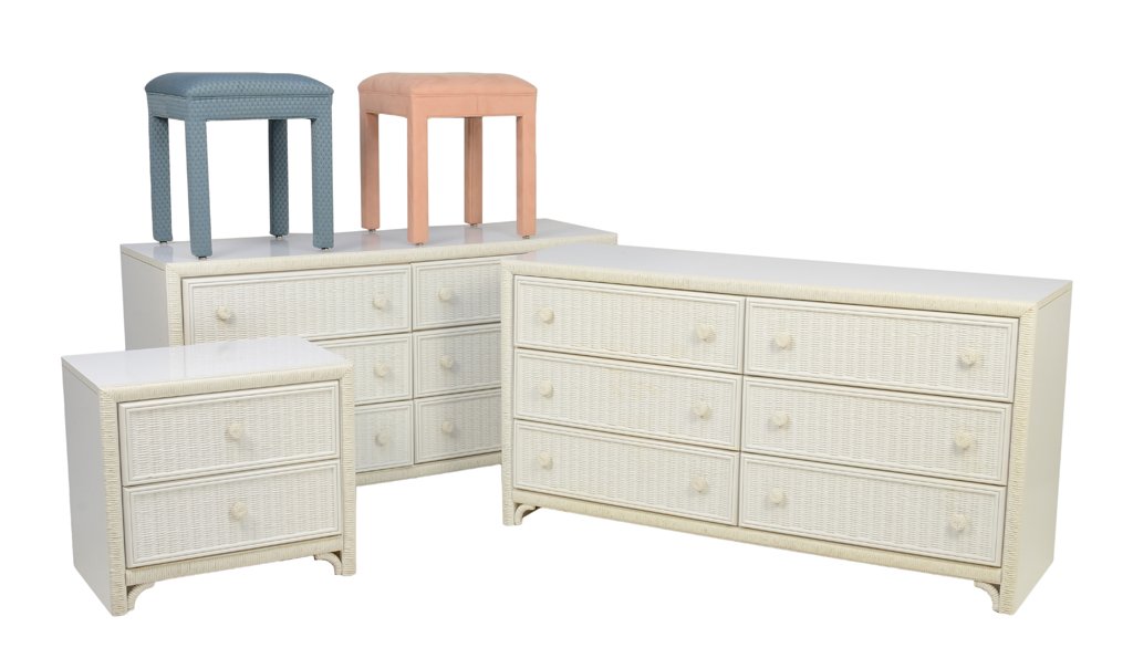 A COLLECTION OF LEA BEDROOM FURNITURE: A COLLECTION OF LEA BEDROOM FURNITURE The collection comprised of two chests of drawers, a bedside cabinet and two upholstered stools. H 30¼ x W 57 x D 18½ inches.