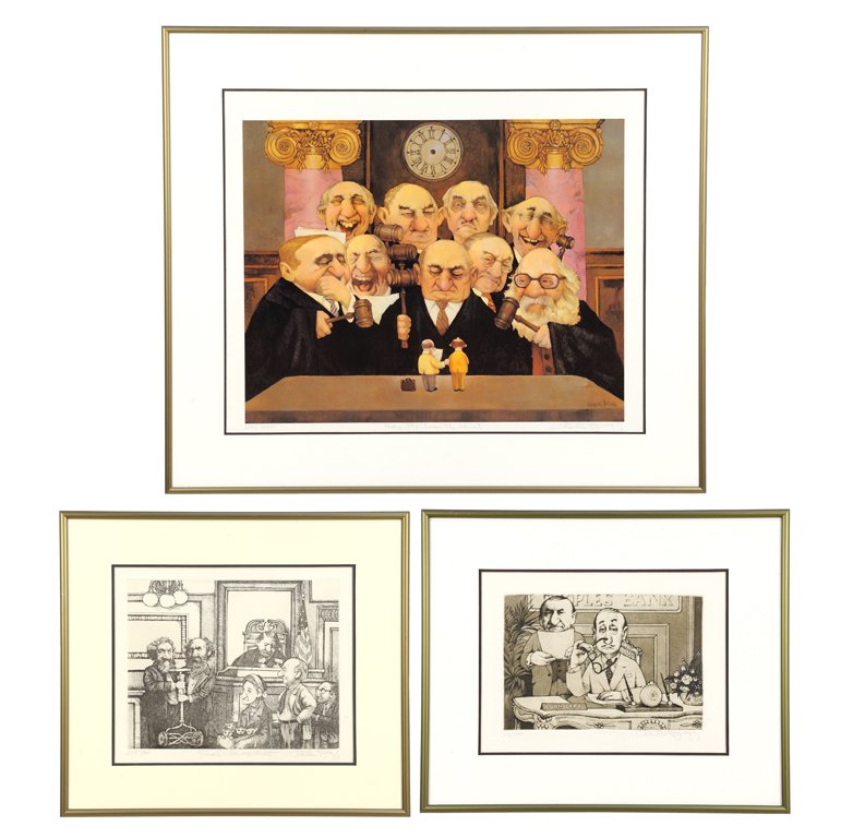CHARLES BRAGG, (American, born 1931), May it Please the: CHARLES BRAGG (American, born 1931) May it Please the Court, Small Claims Court & Loan Dept. One lithograph 645/950 and two etchings 207/300 & 76/300 respectively All signed lower right Maryin Lawrenc