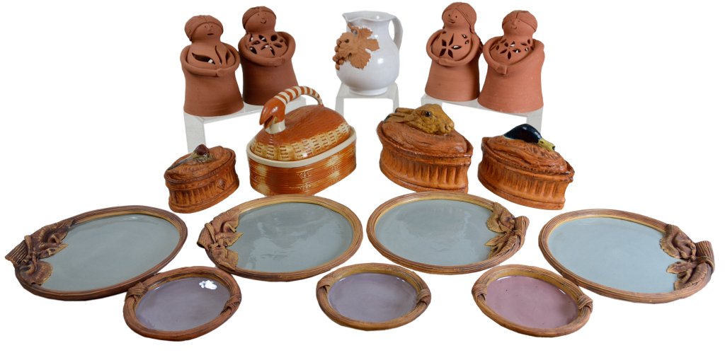 A GROUP OF DECORATIVE CERAMICS: The group comprising three ovoid Pillivuyt lidded casseroles in graduated sizes, each with a modeled animal head atop the lid, a white glazed Italian pitcher, an ovoid lidded casserole with a modeled 