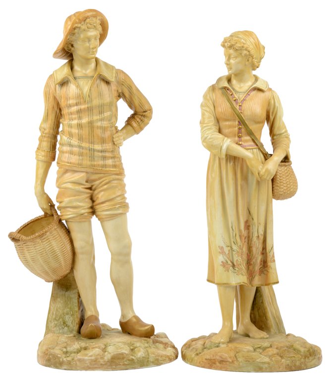 A PAIR OF ROYAL WORCESTER PORCELAIN FIGURES, MODELED BY: A PAIR OF ROYAL WORCESTER PORCELAIN FIGURES, MODELED BY JAMES HADLEY English, 1887 Depicting a fisherman and fishermaid with baskets, each with incised Hadley signature to reverse, the base with impre