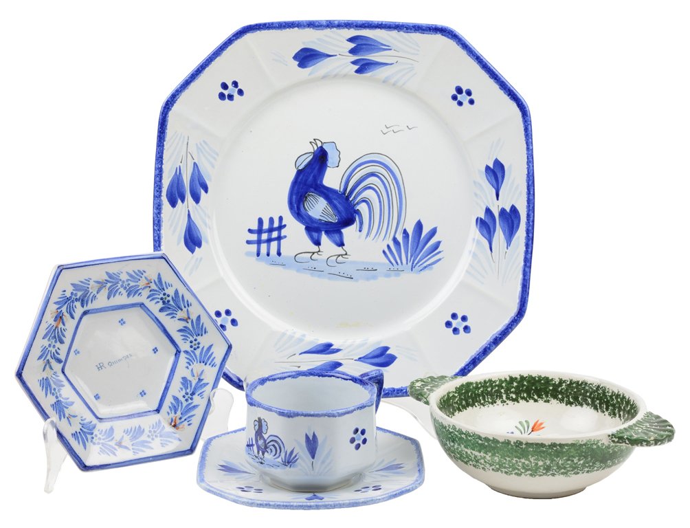 AN ASSEMBLED COLLECTION OF QUIMPER FAIENCE 5 pieces: AN ASSEMBLED COLLECTION OF QUIMPER FAIENCE Comprising two dishes, a cup and saucer set, and a two-handled porridge bowl, each signed. 5 pieces total H 10¼ x W 10¼ x D 11¼ inches.
