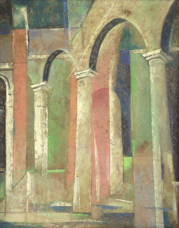 CHESTER DIXON SNOWDEN, (American, born 1900), Arches,: CHESTER DIXON SNOWDEN (American, born 1900) Arches Oil on board Signed lower right Accompanied by photograph of the artist and local newspaper article on the artist. H 16 x W 20 inches