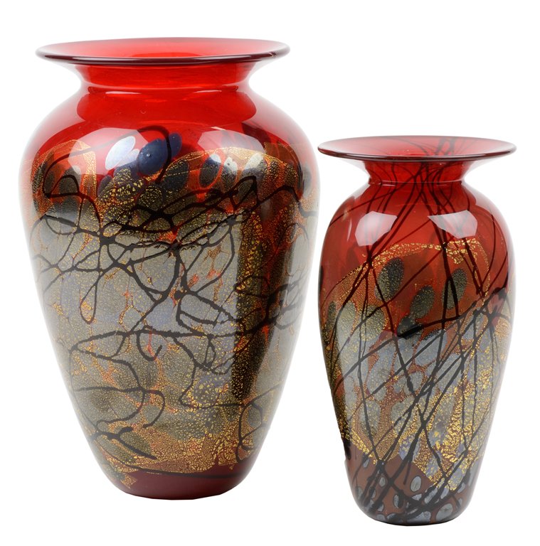 TWO MICHAEL NOUROT STUDIO ART GLASS VASES: TWO MICHAEL NOUROT STUDIO ART GLASS VASES Comprising two blown art glass vases by Michael Nourot (American, b. 1949), each on red ground swirled with gold fleck inclusions and having abstract design i