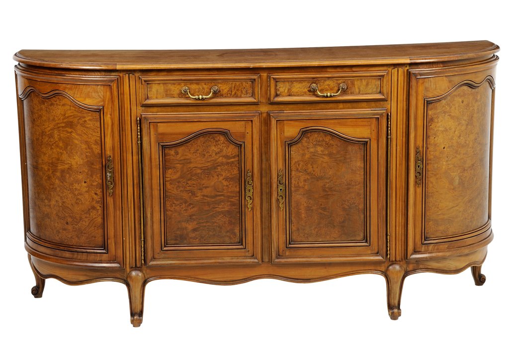 A FRENCH LOUIS XV STYLE BURLWOOD SIDEBOARD: A FRENCH LOUIS XV STYLE BURLWOOD SIDEBOARD The sideboard having a demilune top over the conforming case fitted with two short drawers flanked by two paneled doors and over two paneled doors, above the