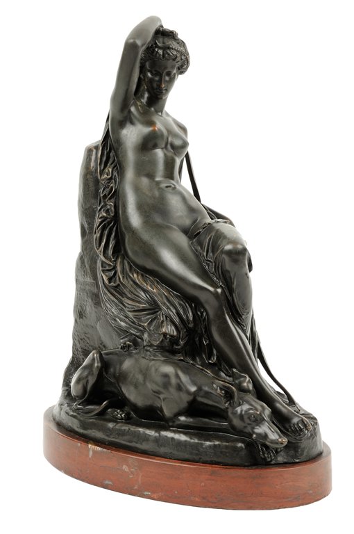 AFTER FERDINAND BARBEDIENNE, (French, 1810-1892), Diana: AFTER FERDINAND BARBEDIENNE (French, 1810-1892) Diana Resting after the Hunt Bronze Inscribed F. Barbedienne, Fondeur to base Foundry mark lower center verso Reproducion Mecanique, N. Collas Brevete I