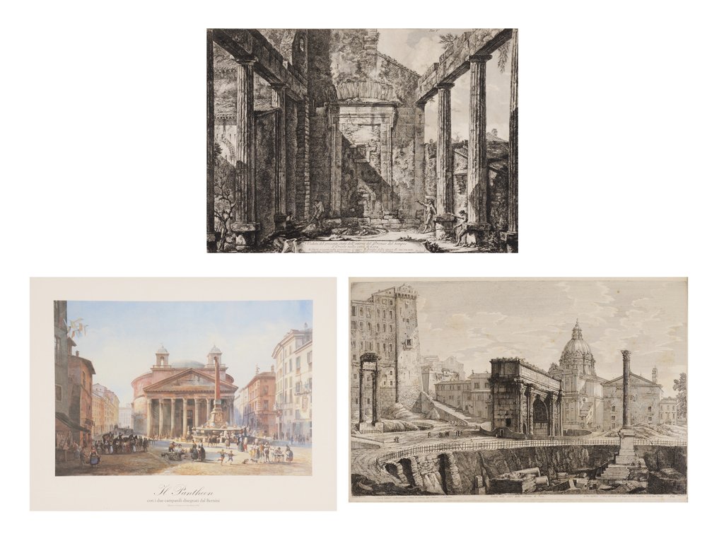 AFTER FRANCESCO PIRANESI, (Italian, born circa: AFTER FRANCESCO PIRANESI (Italian, born circa 1758-1810) Veduta del Tempio di ercole nella Citta di Cora, diece miglia lontano da Velletri Engraving (three works) Signed in plate H 16¼ x W 22½ inche
