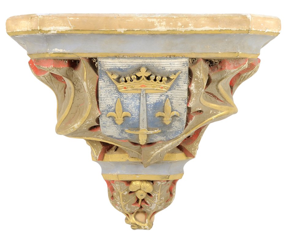 AN ITALIAN PAINTED PLASTER CONSOLE TABLE: AN ITALIAN PAINTED PLASTER CONSOLE TABLE The console having a shaped demilune top over the plain frieze, raised on a crown, sword and fleur-de-lis support. H 16½ x W 19½ x D 16½ inches.