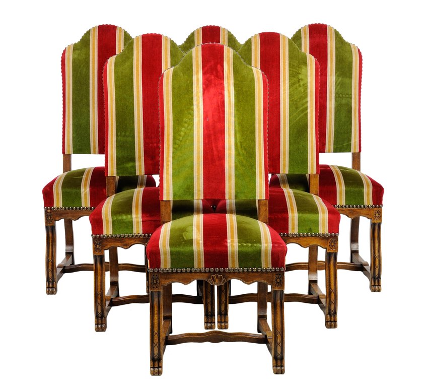 A SET OF SIX FRENCH LOUIS XIV STYLE DINING CHAIRS: A SET OF SIX FRENCH LOUIS XIV STYLE DINING CHAIRS Each chair having a domed crest rail over the upholstered back and stuff over seat, with nailhead border, raised on shaped legs, joined by H-form stre