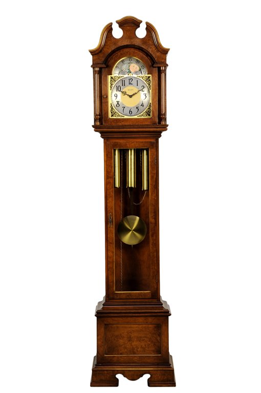 AN AMERICAN HERSCHEDE TALL CASE CLOCK: AN AMERICAN HERSCHEDE TALL CASE CLOCK The tall case clock having a broken arch pediment over the glazed door, flanked by columns, opening a circular metal dial with Arabic hours, surmounted with a moo